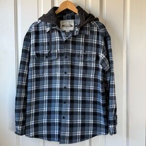 American Eagle Blue & White Plaid Men's Flannel Shirt with Removable Hood Large